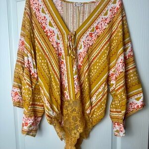 Free People Mustard Floral Blouse / Bodysuit